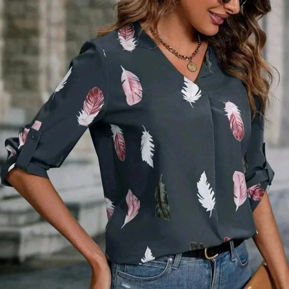 Feather Print Roll Tab Sleeve Blouse - Picture 2 of 4